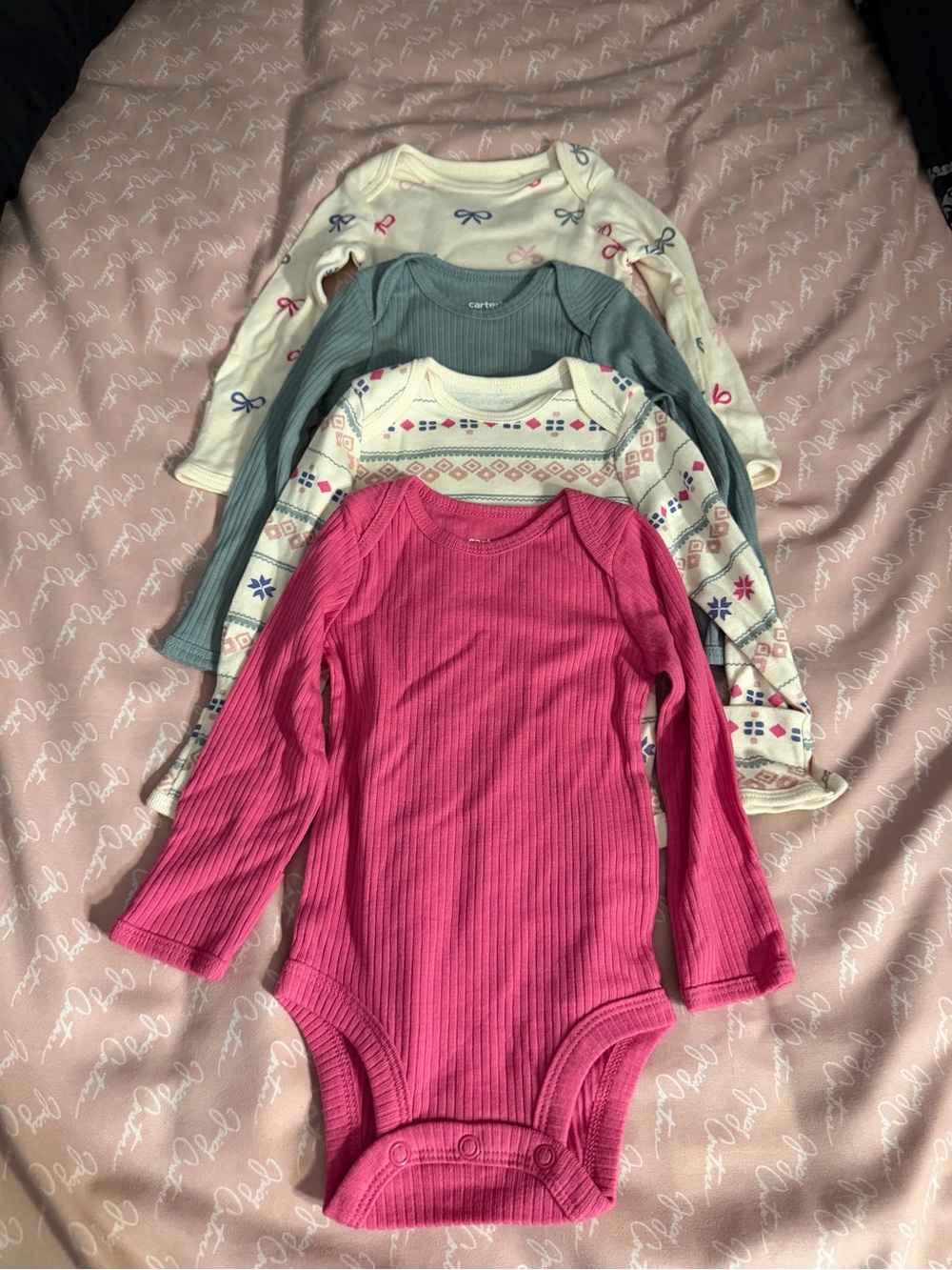 Carter's Girls' Long-Sleeve Ribbed One-Piece Bodysuit - Pink & printed. New